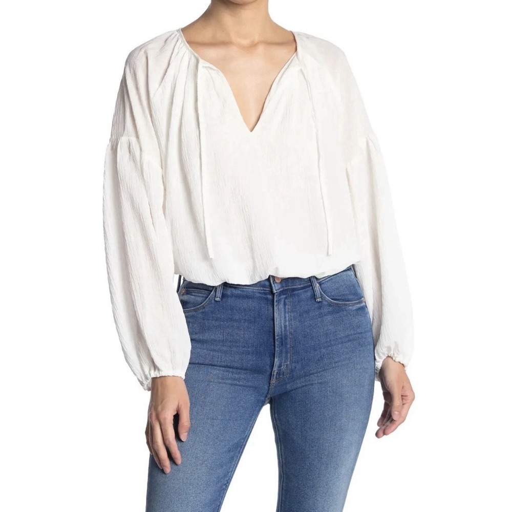 WAYF Small Blouson‎ Sleeve Bubble Hem Crepe Gauze Blouse Boho Spring J13